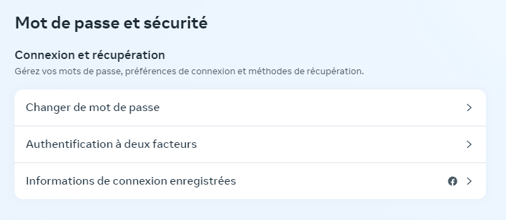 menu mot de passe et securite