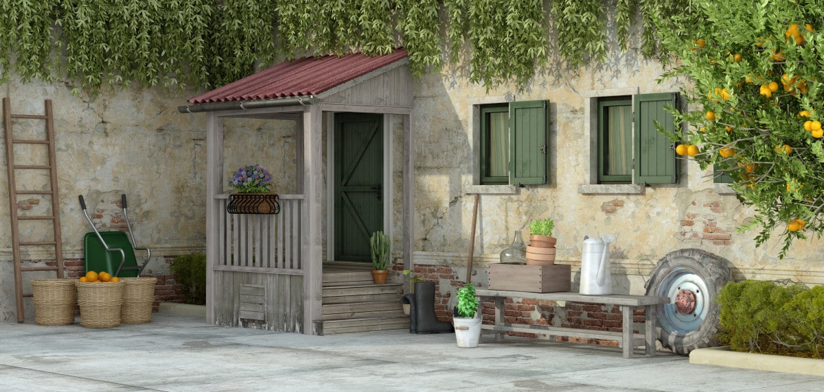 maison ancienne avec outils de jardinage rendu 3d